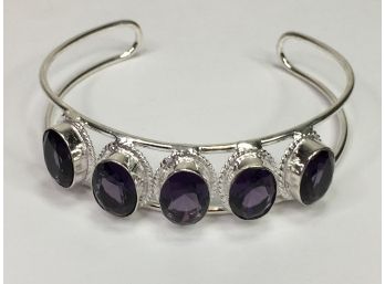 Fantastic 925 / Sterling Silver Cuff Bracelet With Amethyst - Beautiful Piece - Brand New Never Worn !