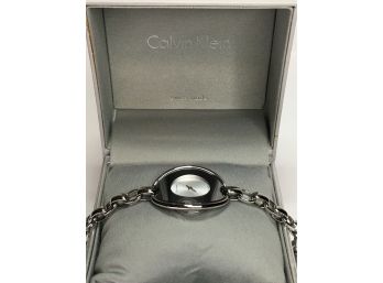 Fabulous Brand New $399 Ladies CALVIN KLIEN Bracelet Watch - All Silvertone Case & Bracelet With White Face