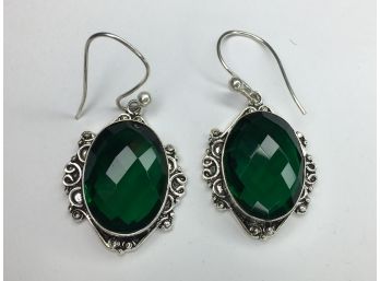 Fantastic 925 / Sterling Silver Earrings Large Faceted Emerald Earrings - Very Large Stones - Dime Sized