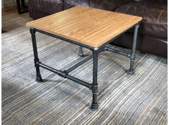 (1 OF 2) Great Industrial Pipe Style Cocktail Table - Iron Base With Wooden Plank Top - BIDDING ON ONE TABLE