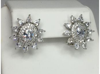 Stunning 925 / Sterling Silver Sunburst Earrings With Dozens Of Sparkling White Zircons - Amazing Look !