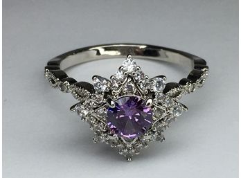 Beautiful 925 / Sterling Silver And Amethyst Ring With Sparkling White Zircons - Very Delicate Ring - So Nice