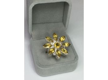 Wonderful Large 925 / Sterling Silver Cocktail Ring With Yellow Topaz - Great Flower Design - Nice Ring !