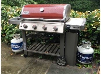 Awesome WEBER - GENESIS II Gas Grill With Two Tanks And King Kong Rubber Grill Cover - Needs Good Scrub !