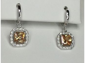 Wonderful 925 / Sterling Silver Earrings With Peach Topaz Encircled With Sparkling White Zircons - Wow !