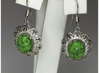 Fantastic 925 / Sterling Silver With New Mexico Green Turquoise Earrings Encircled With White Sapphires