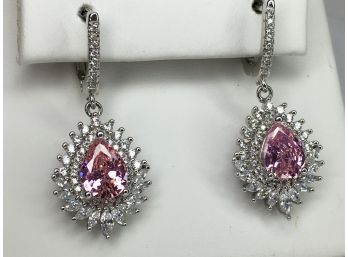 Wonderful 925 / Sterling Silver Earrings With Teardop Pink Tourmaline Very Pretty - With Sparkling Zircons