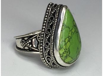 Very Pretty Sterling Silver / 925 & Green Turquoise Cocktail Ring - Fantastic Ornate Hand Done Filigree Work
