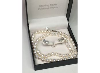 Brand New Cultured Baroque Pearl Necklace & Earring Set With Sterling Silver Clasp & Mounts - NEVER WORN !