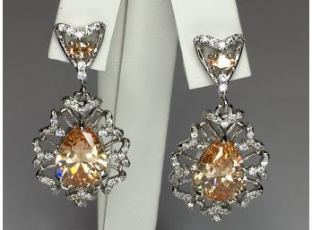Gorgeous 925 / Sterling Silver Earrings With Golden Peach Topaz And Leafy White Zircon - So Pretty ! WOW !