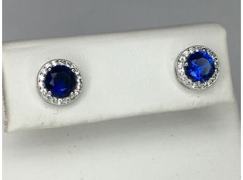 Lovely 925 / Sterling Silver Earrings With Sapphires - Encircled With Sparkling White Zircons - Expensive Look