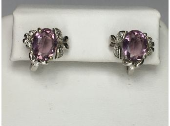 Lovely 925 / Sterling Silver Earrings With Amethyst & White Topaz Floral Accents - Very Pretty Earrings