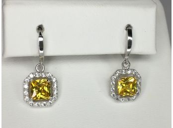 Incredible 925 / Sterling Silver Earrings With Intense Lemon Yellow Topaz Encircled With White Zircons - WOW !