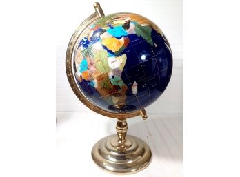 World Globe W/ Inlaid Precious Semi Gemstone Desktop 21 Brass Stand Blue