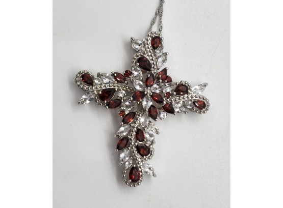 Amazing Garnet & Sapphire, Rhodium Over Sterling Cross Pendant Necklace
