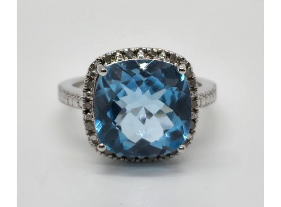 Square Blue Topaz With White Diamonds, Rhodium Over Sterling Ring