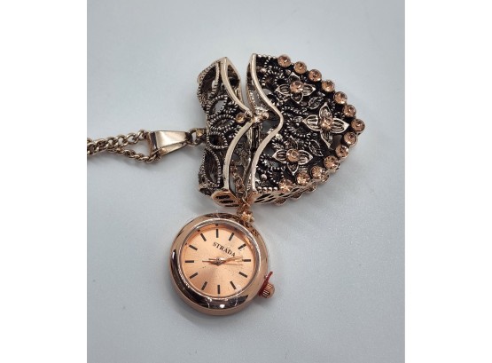 Champagne Austrian Crystal Openable Heart Pendant Watch With Gold Tone Chain