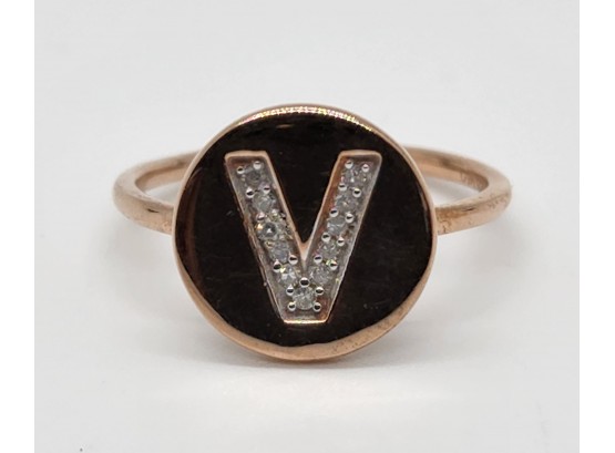 Diamond Letter V Ring In 14k Rose Gold Over Sterling