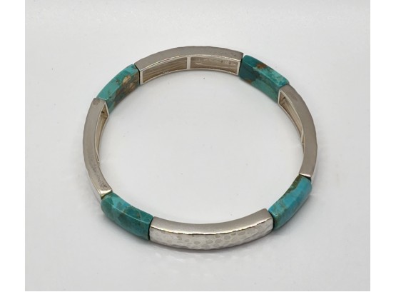 Turquoise & Hammered Sterling Silver Stretch Bracelet