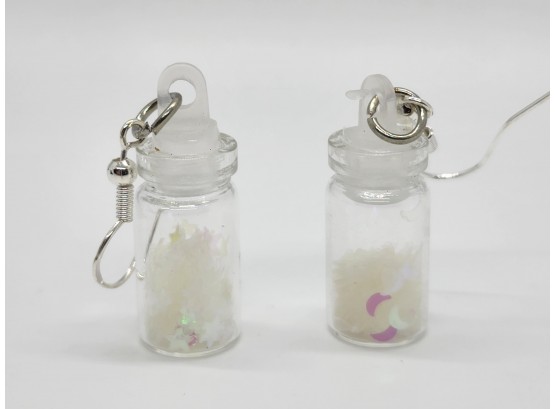 Cute Glass Bottle Sterling Earrings With Fairy Dust (pink & White Stars)