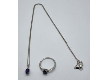 Sapphire Ring & Pendant Necklace In Platinum Over Sterling