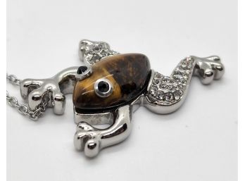 Tigers Eye, Austrian Crystal Frog Necklace In Stainless