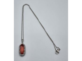 Padparasha & White Crystal Pendant Necklace In Platinum Over Sterling