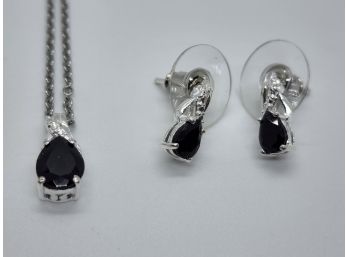 Black Tourmaline Earrings & Pendant Necklace In Sterling & Stainless