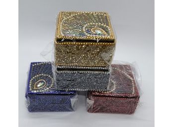4 Handcrafted Beaded Wooden Square Jewelry Boxes