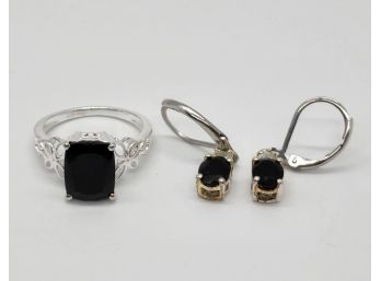 Black Tourmaline Ring In Sterling & Earrings In Black Tourmaline & White Topaz