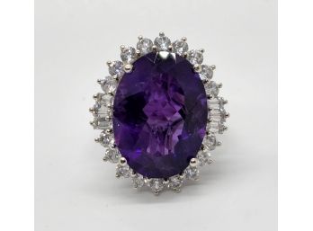 African Amethyst, White Zircon Ring In Platinum Over Sterling