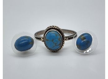 Blue Turquoise Ring & Stud Earrings In Sterling Silver