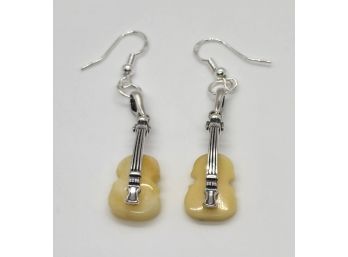 Butterscotch Amber Carved Guitar Earrings In Rhodium Over Sterling