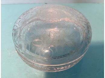 Vintage Round Lidded Etched Glass Trinket Box
