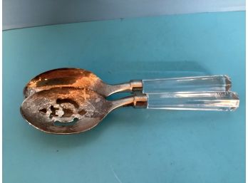 Pair Of Towle Silver Plate/Stainless Steel Serving Spoons Austrian Crystal Handles