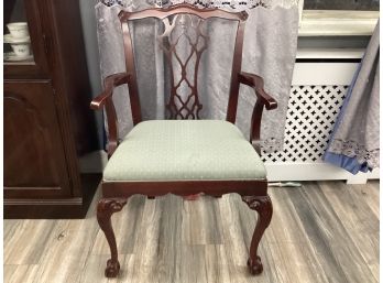 Vintage Upholstered  Arm Chair Carved Wood Curved Legs
