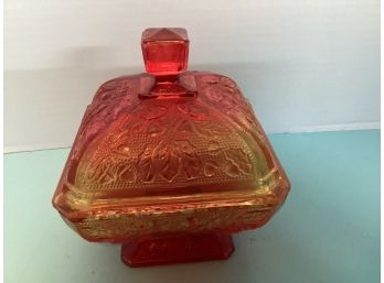 Vintage Jeanette Glass Grape Leaf Amberina Footed Covered Square Candy Dish
