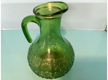 Vintage Italian Jay Green Glass Embossed Pitcher With Gold Trim