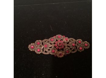 Vintage Ornate Brass Tone Oval Bar Pin With Red Stones (3 Inches Length)