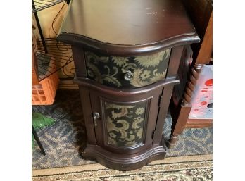 Vintage Dark Wood Side Table Floral Inlaid Design With Single Drawer And Storage Cabinet