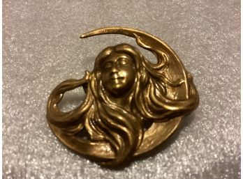 Vintage Art Nouveau Brass Tone Woman Pin