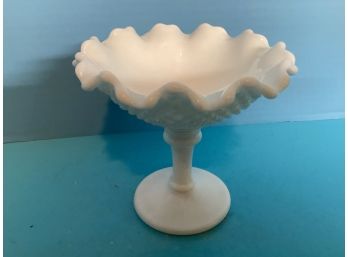 Vintage Westmoreland (?) White Milk Glass English Hobnail Footed Ruffle Rim Compote  (6 1/2 Inches In Height)