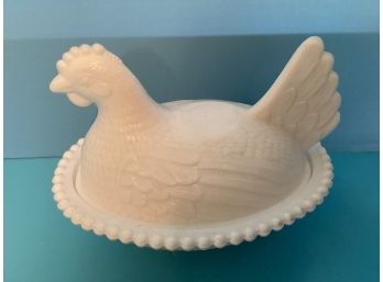 Vintage White Milk Glass Hen On A Nest Covered Candy Dish