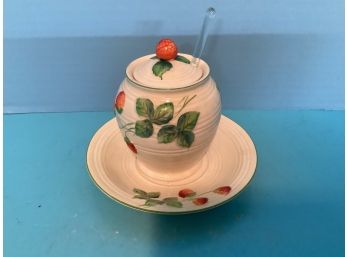 Vintage Covered Honey Pot With Dipper And Underplate