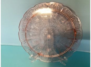 Vintage Jeannette Glass Company Scalloped Rim Pink Cherry Blossom Footed Cake Plate