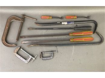 Assorted Pry Bars & C-Clamps Including MAC Tools