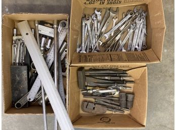 Box Lot: Assorted Wrenches & Air Gun Chisels