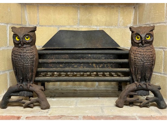 Awesome Vintage Cast-iron Owl Andirons & Fire Grate