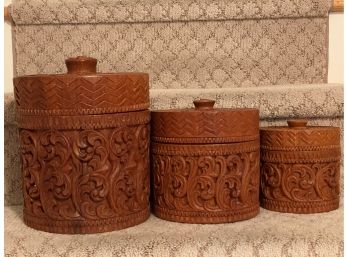 A Gorgeous Set Of Vintage Carved Wood Cannisters
