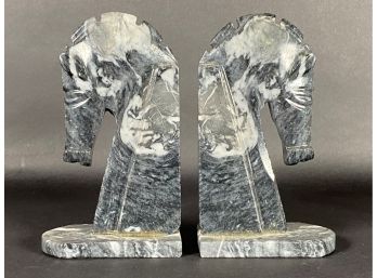 A Pair Of Vintage Horse-Head Bookends In Carved Stone